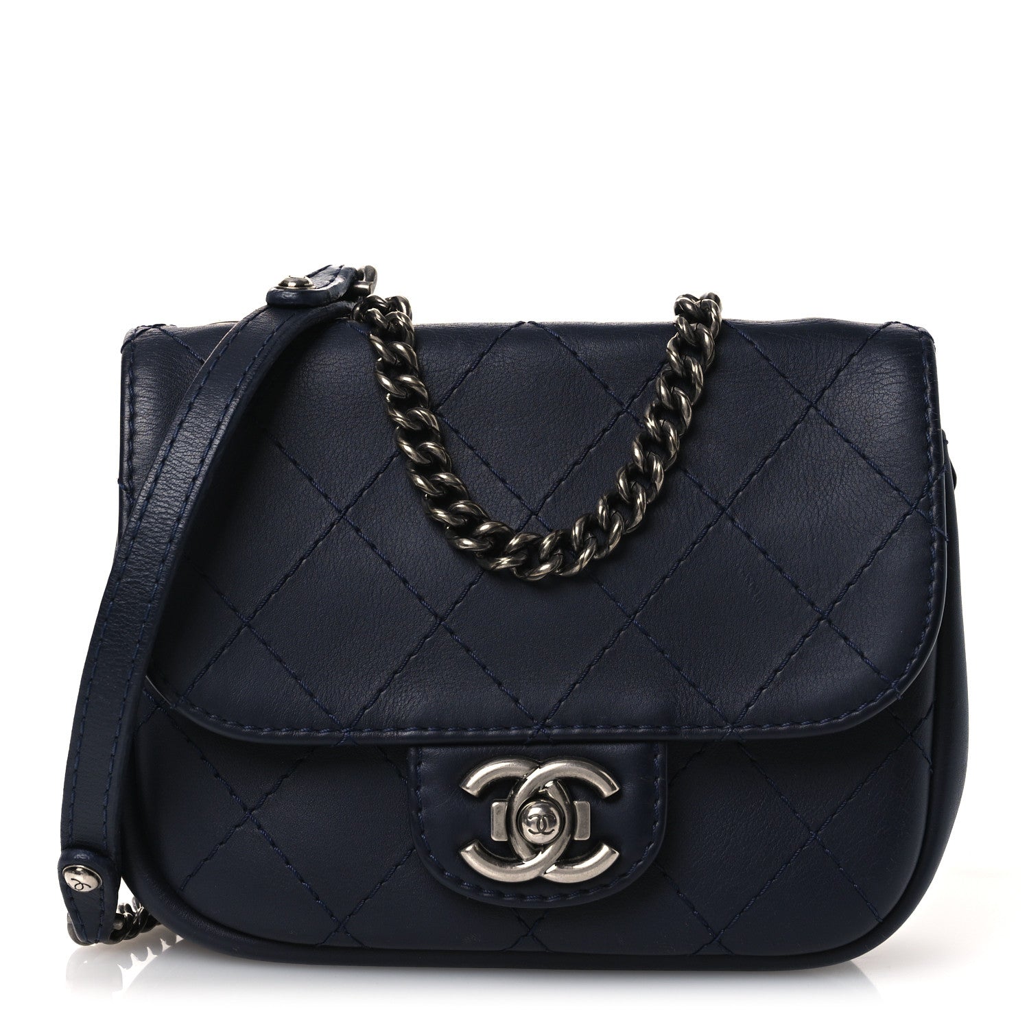Calfskin Stitch CC Small Flap Navy Blue