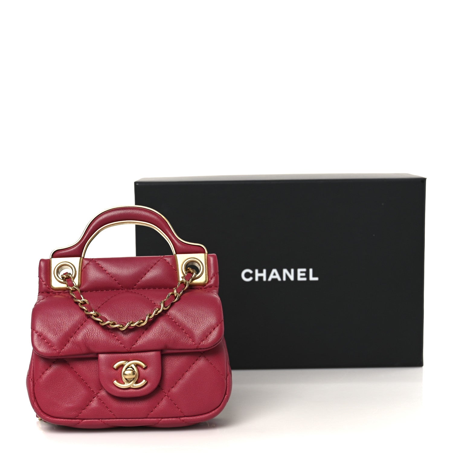 Calfskin Quilted Lady Handle Flap  Holder With Chain Dark Pink