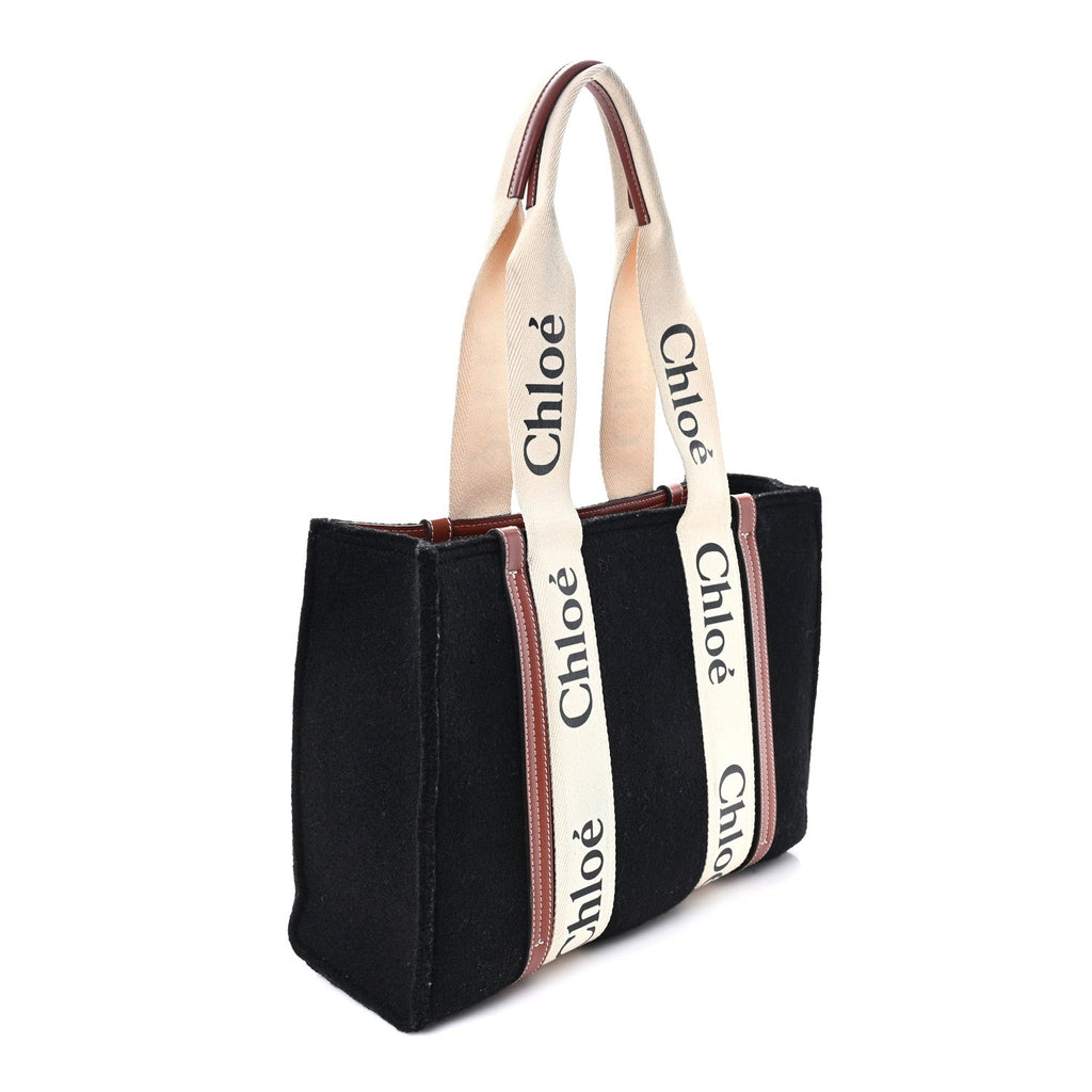 Felt Calfskin Medium Woody Ribbon Tote Black