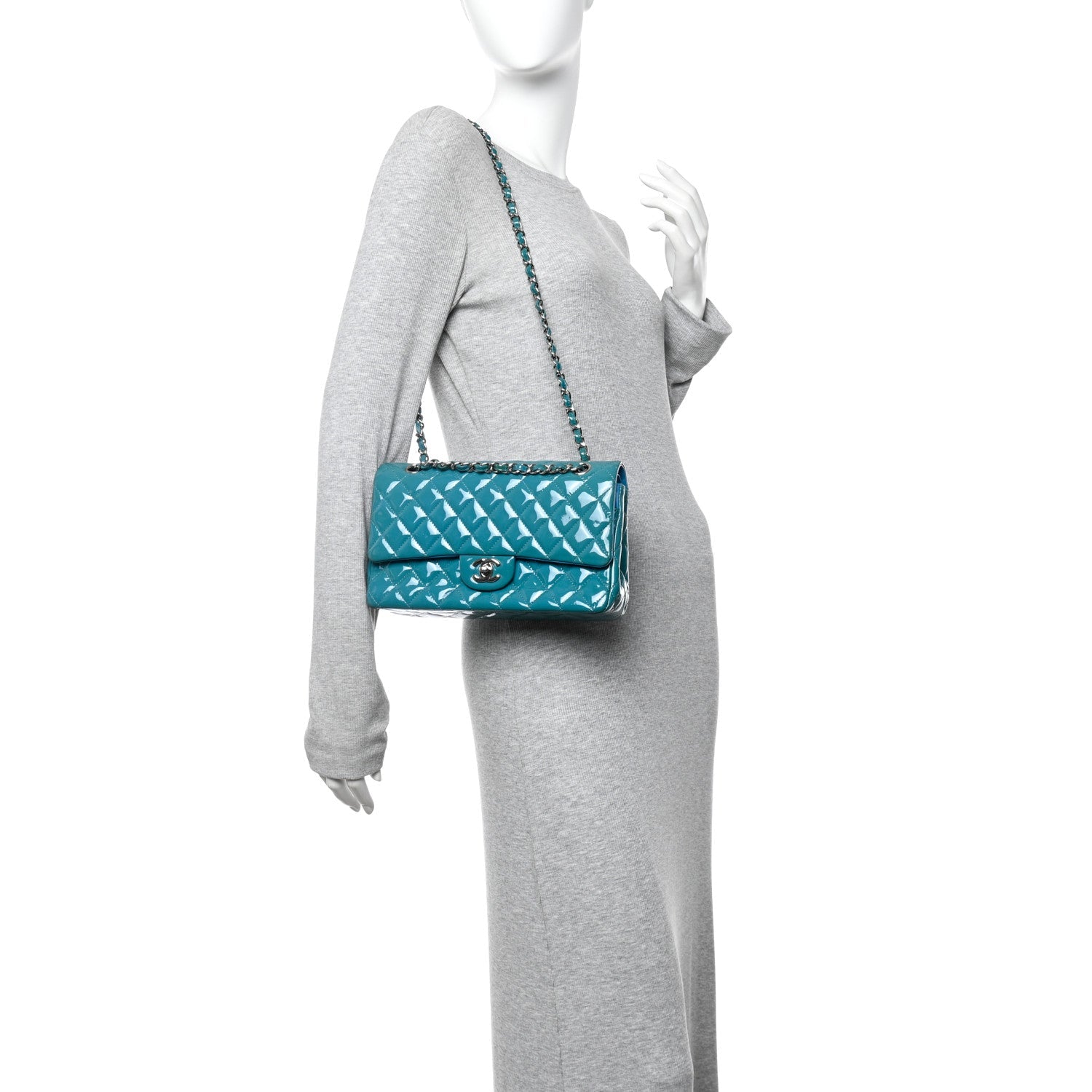 Patent Quilted Medium Double Flap Turquoise