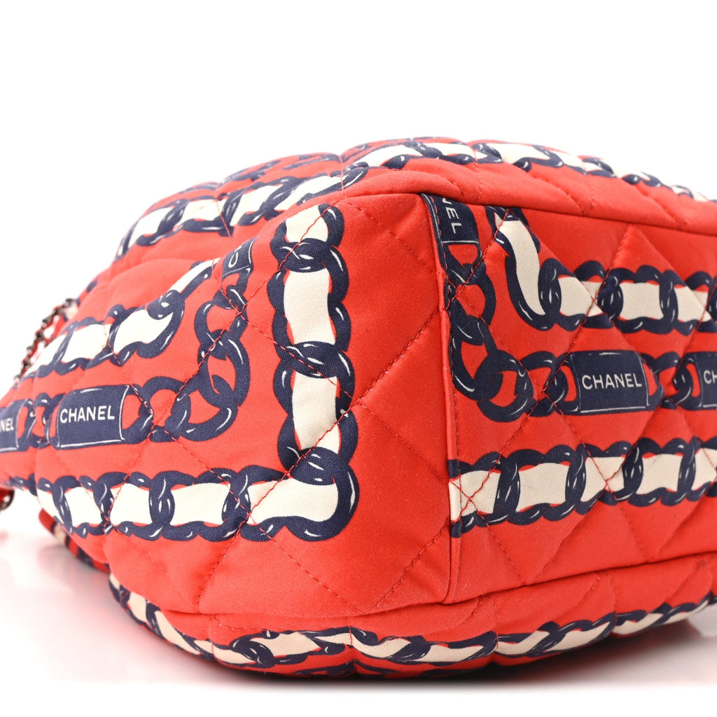 Silk Quilted Chain Printed Bucket Bag Red