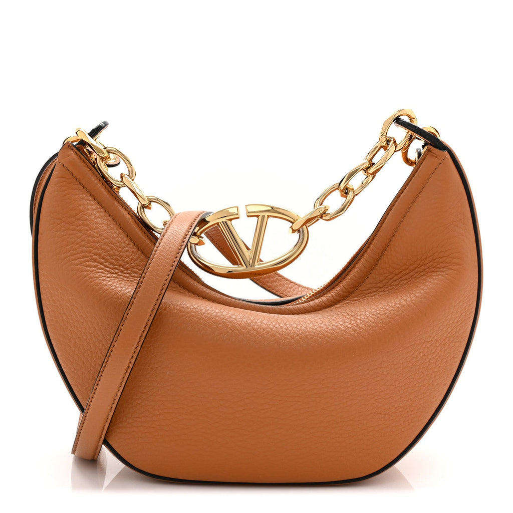 Grainy Calfskin Small Vlogo Moon Hobo Bag Saddle Brown