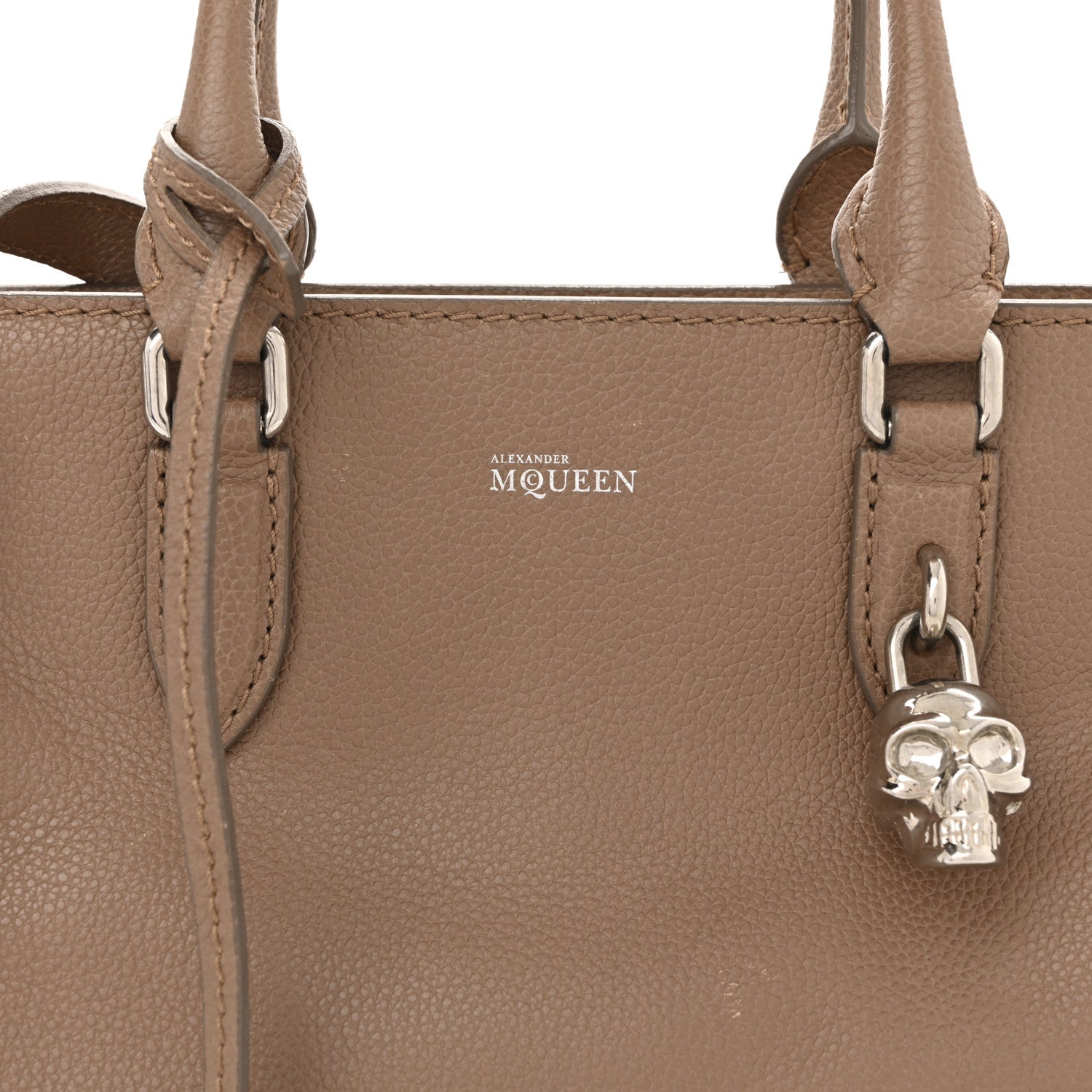 Pebbled Calfskin Small Skull Padlock Zip Around Tote Taupe