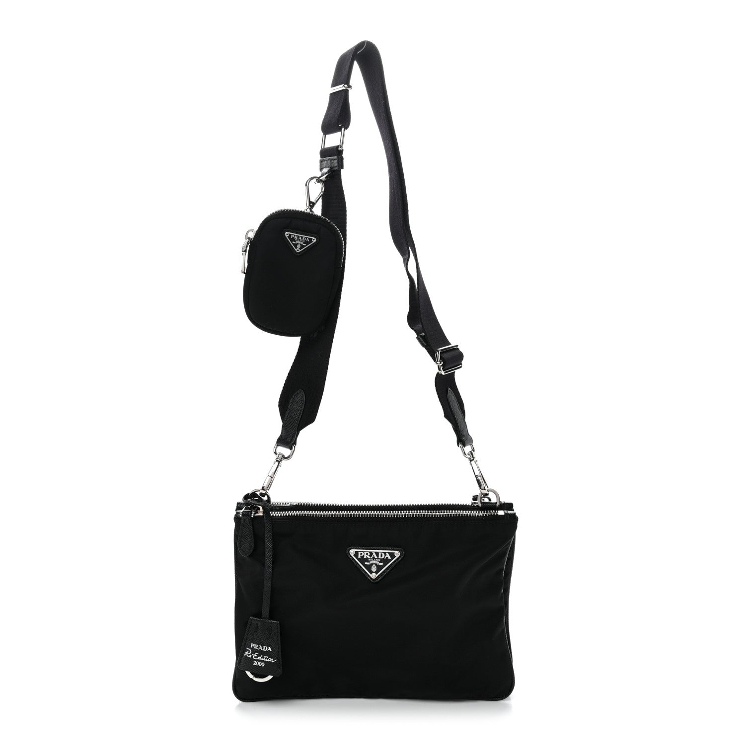 Re-Nylon Saffiano Re-Edition 2000 Double Zip Crossbody Bag Black