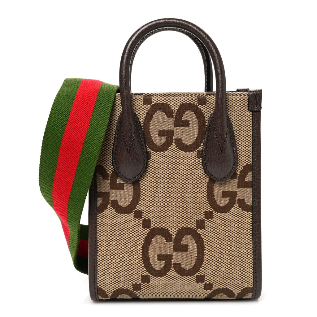 Monogram Jumbo GG Textured Dollar Calfskin Web Mini Vertical Tote Camel Ebony New Acero