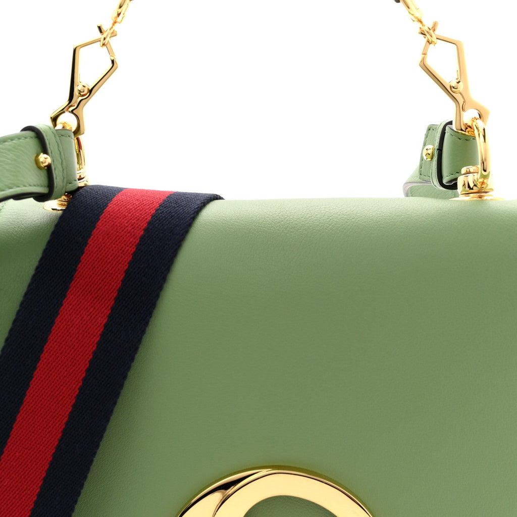 Roxy Calfskin Web Medium Blondie Top Handle Shoulder Flap Bag Salamander Green