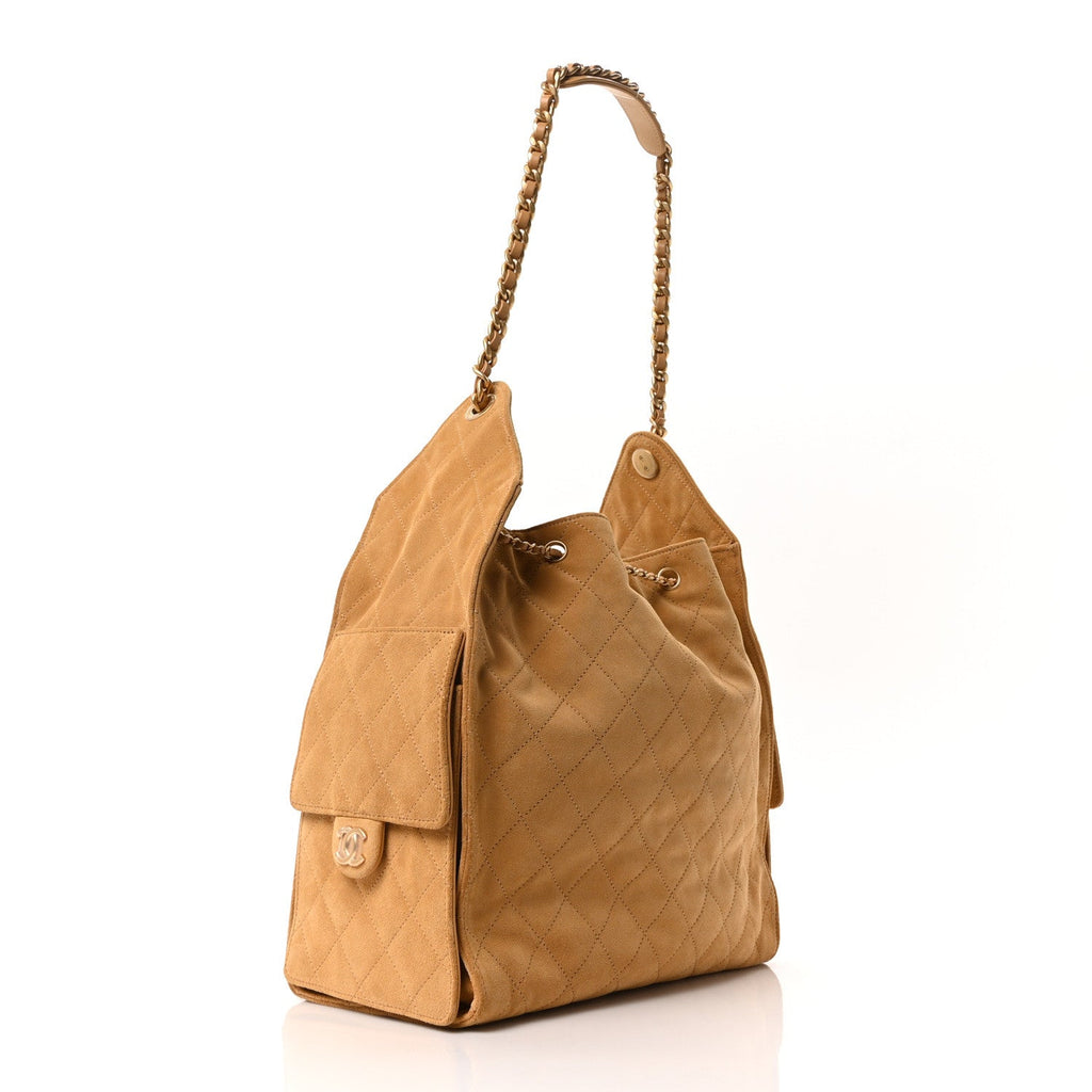 Suede Quilted Medium Chanel 25 Handbag Beige