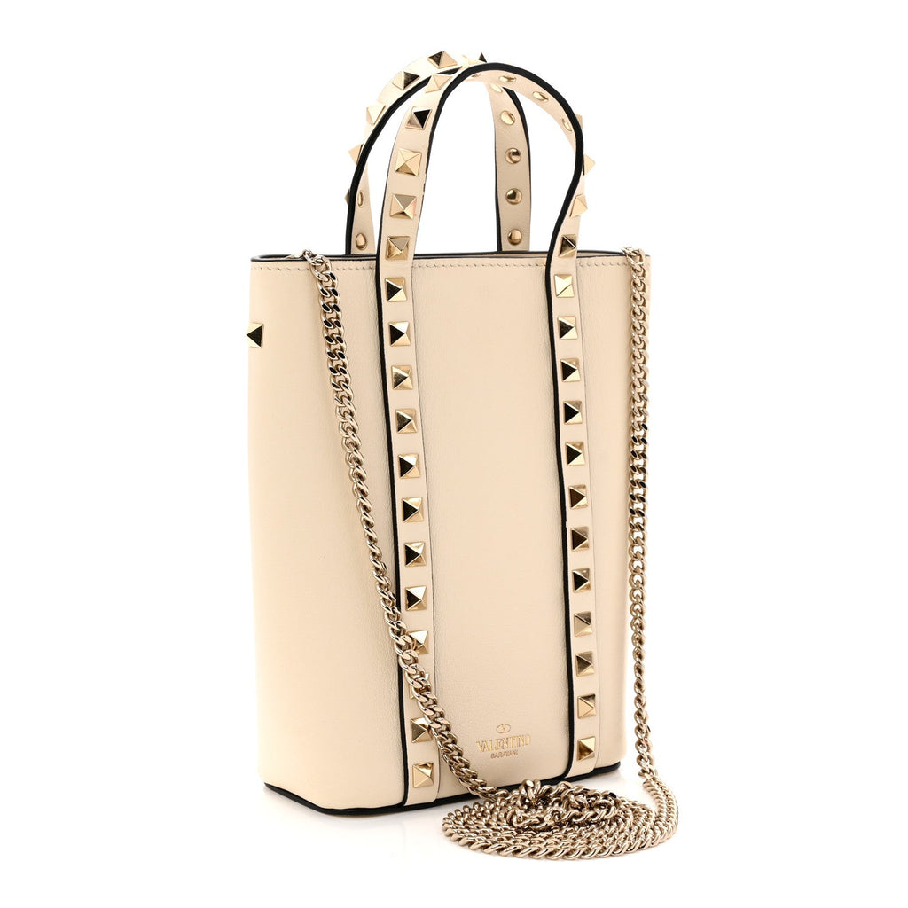 Pebbled Calfskin Rockstud North South Crossbody Bag Light Ivory
