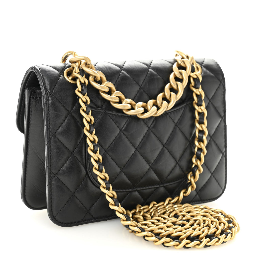 Aged Calfskin Quilted Double You Mini Flap Black