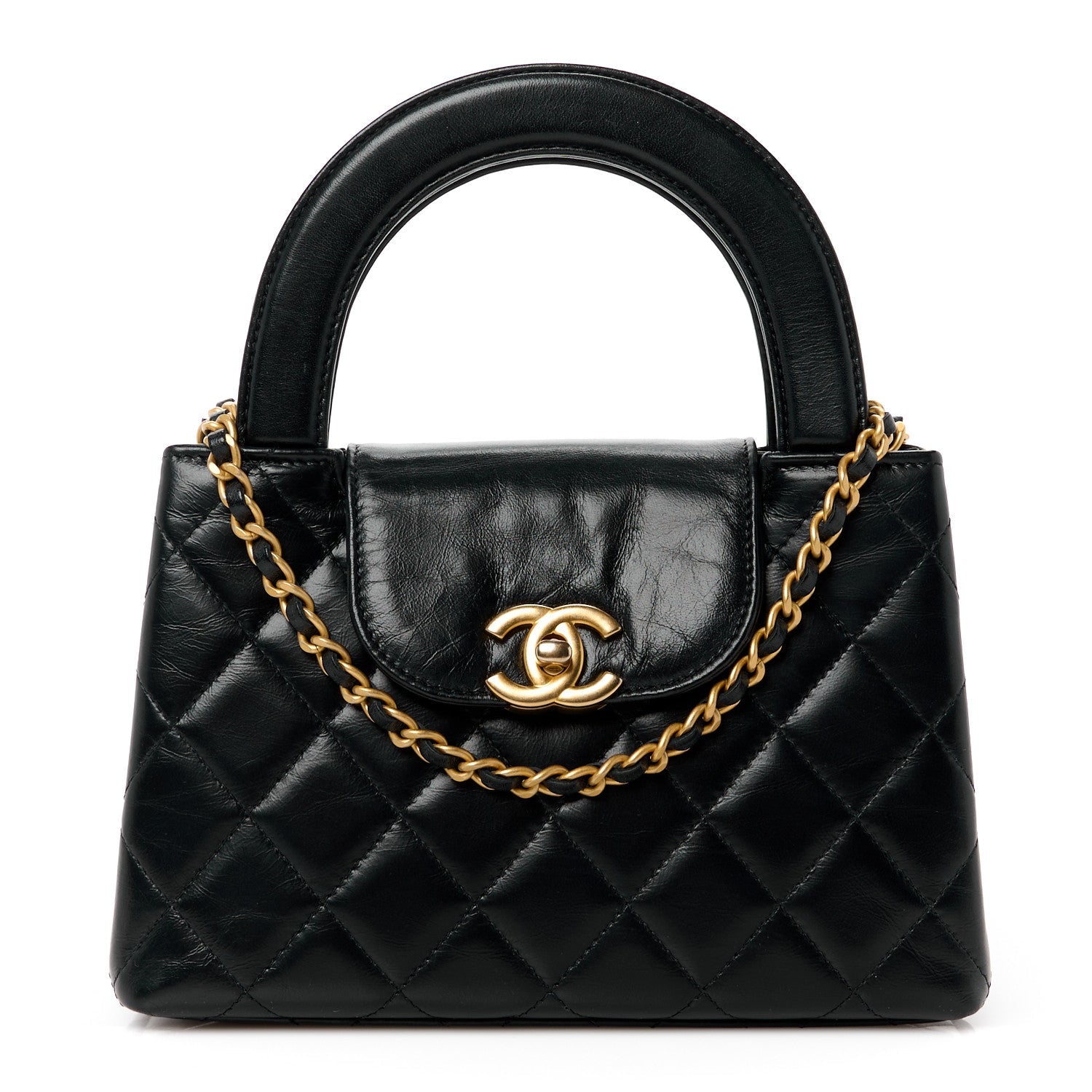 Shiny Aged Calfskin Quilted Nano Kelly Shopper Black