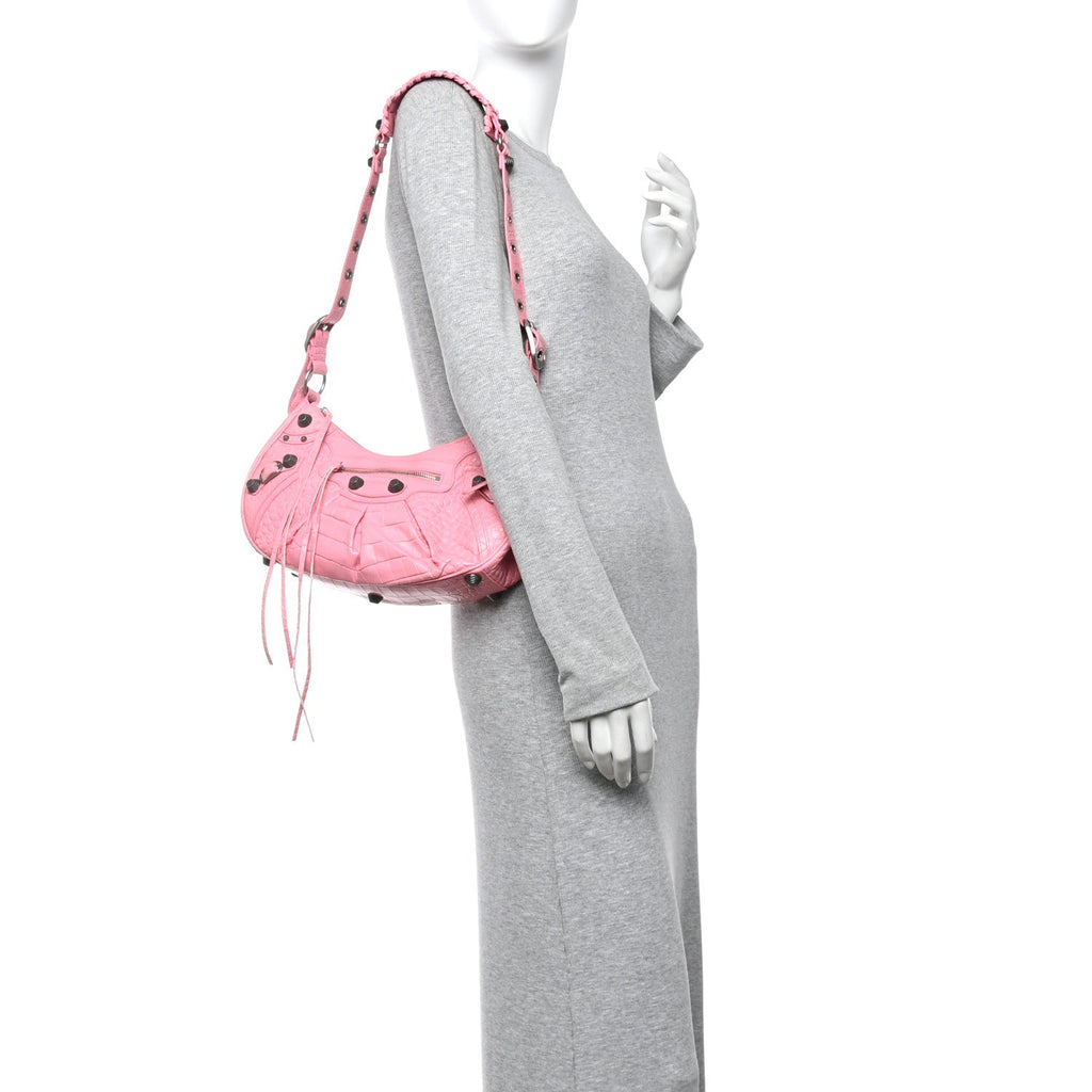 Extra Supple Calfskin Crocodile Embossed Small Le Cagole Shoulder Bag Sweet Pink