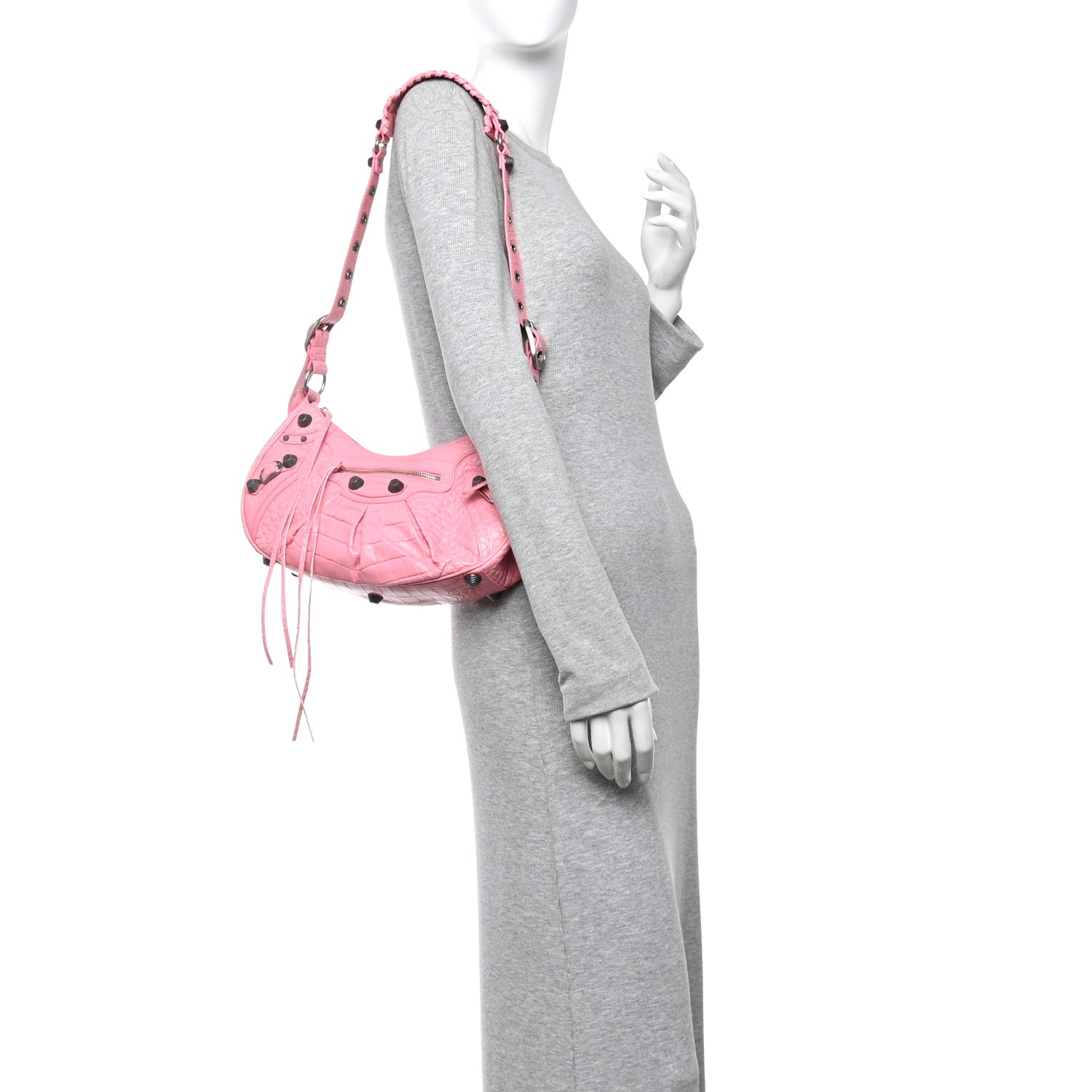 Extra Supple Calfskin Crocodile Embossed Small Le Cagole Shoulder Bag Sweet Pink