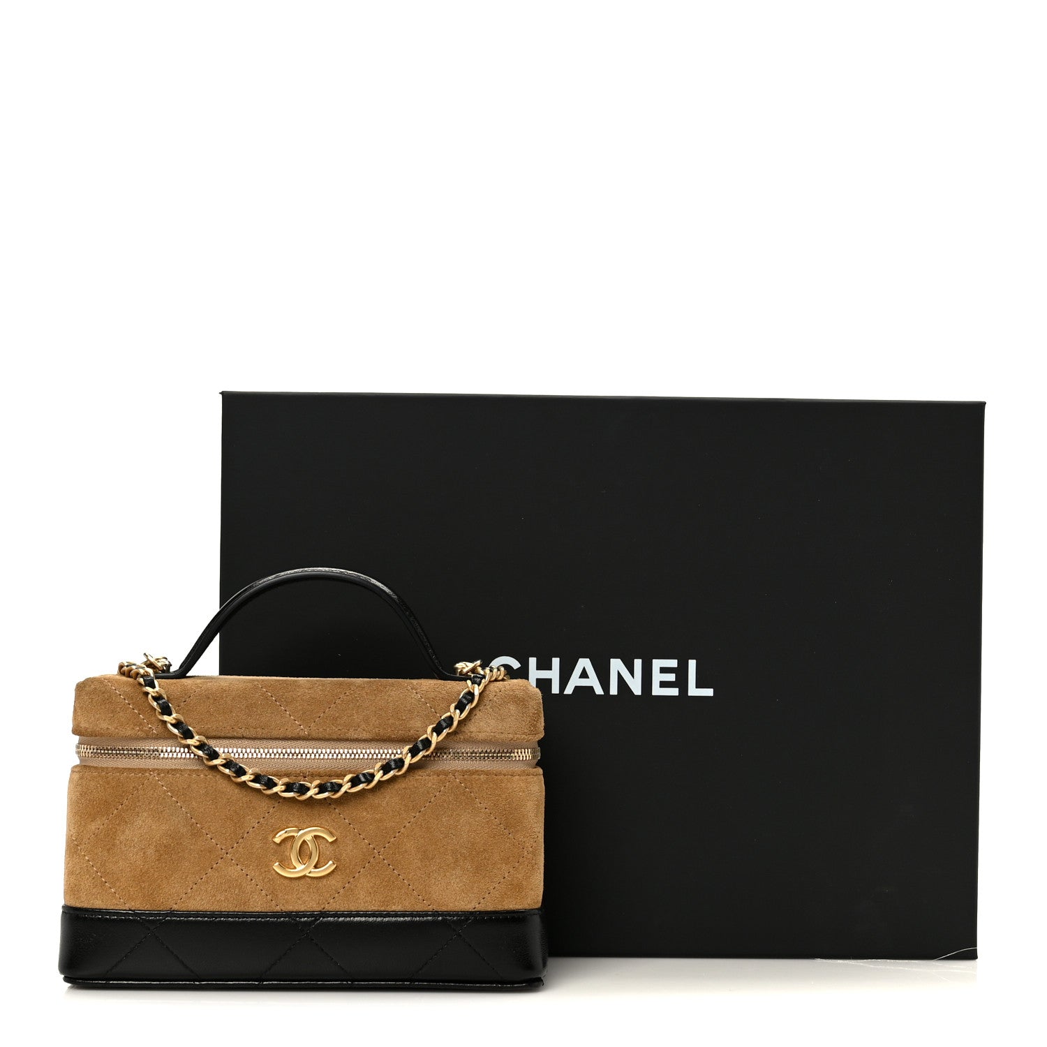 Suede Calfskin Shiny Lambskin Stitched Top Handle Slim Vanity With Chain Beige Black