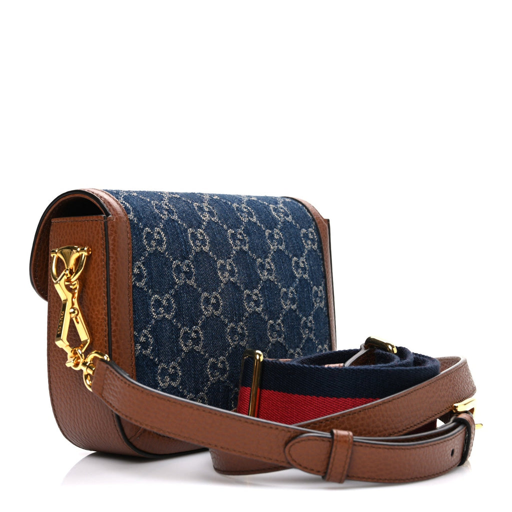 New Denim GG Monogram Dollar Calfskin Web Mini Horsebit 1955 Shoulder Bag Blue Tea Cuir Epilog