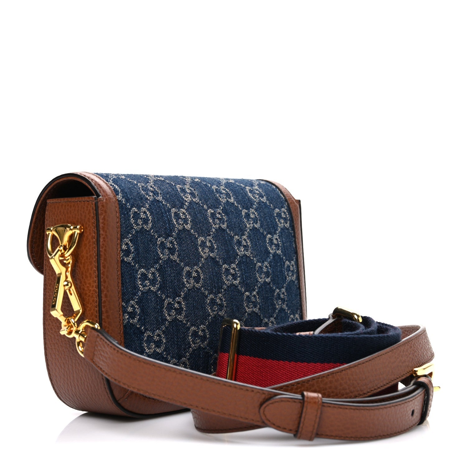 New Denim GG Monogram Dollar Calfskin Web Mini Horsebit 1955 Shoulder Bag Blue Tea Cuir Epilog