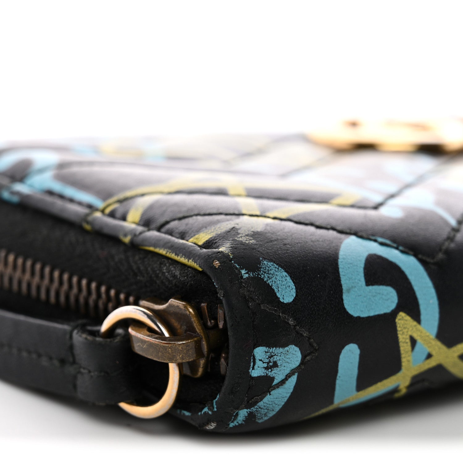 Calfskin Matelasse GucciGhost GG Marmont Zip Around Wallet Black New Acquamarine