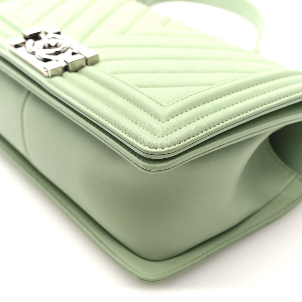 Calfskin Chevron Quilted Medium Boy Flap Light Green