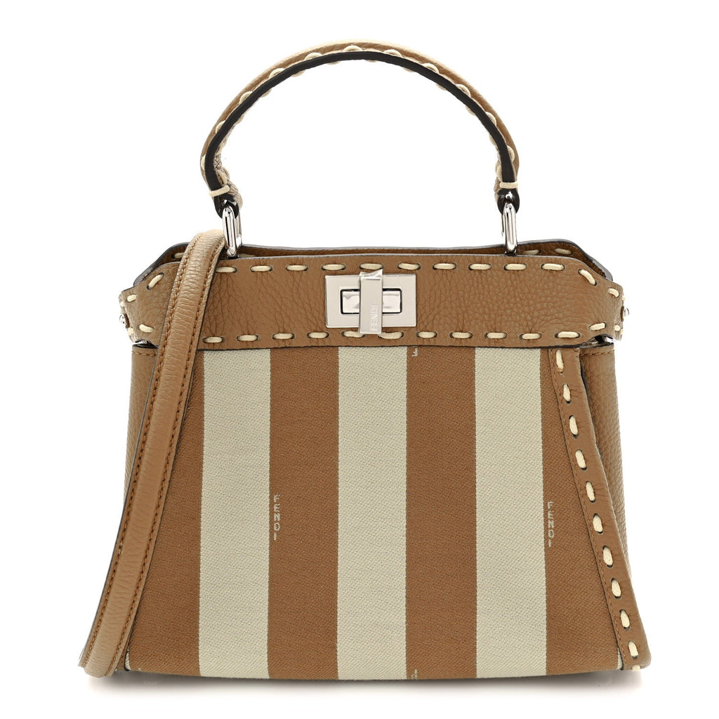 Cuoio Romano Canvas Pequin Striped Selleria Mini Peekaboo Iconic Satchel Beige Sand
