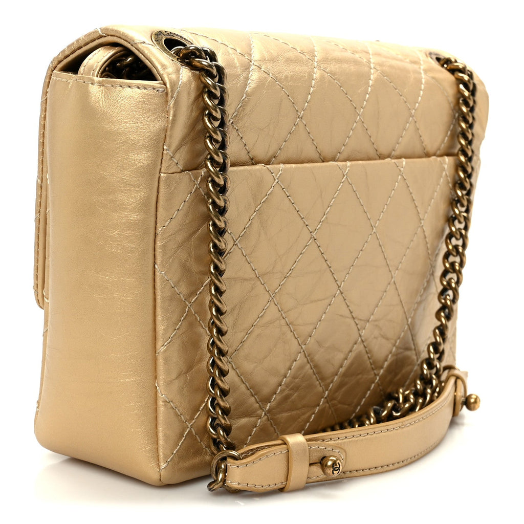 Metallic Aged Calfskin Quilted CC Square Flap Light Gold