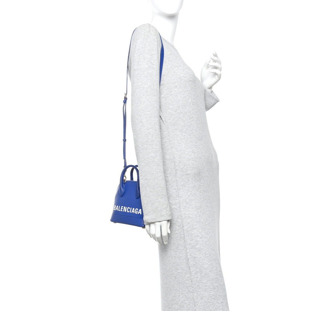 Signature Grained Calfskin Logo XXS Ville Top Handle Bag Bleu Roi White