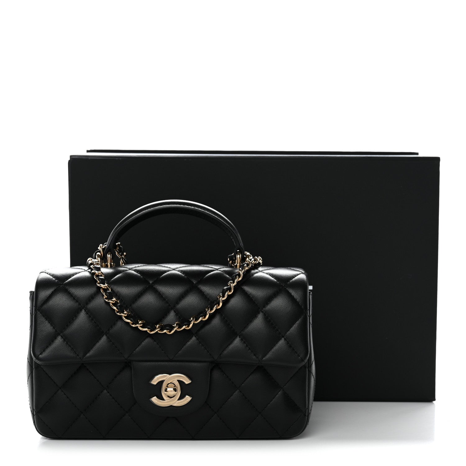 Lambskin Quilted Mini Top Handle Rectangular Flap Black