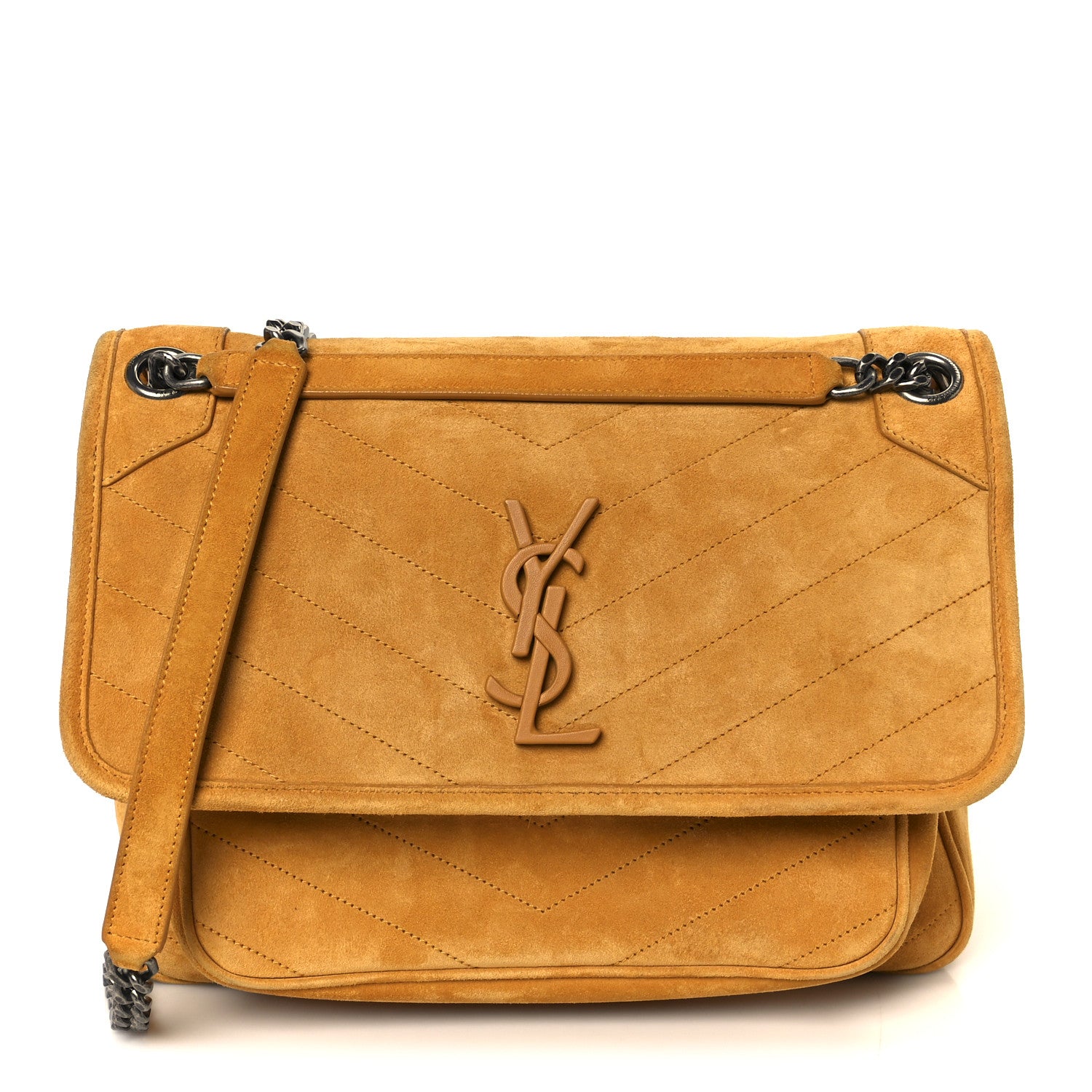 Suede Monogram Medium Niki Chain Satchel Cheddar