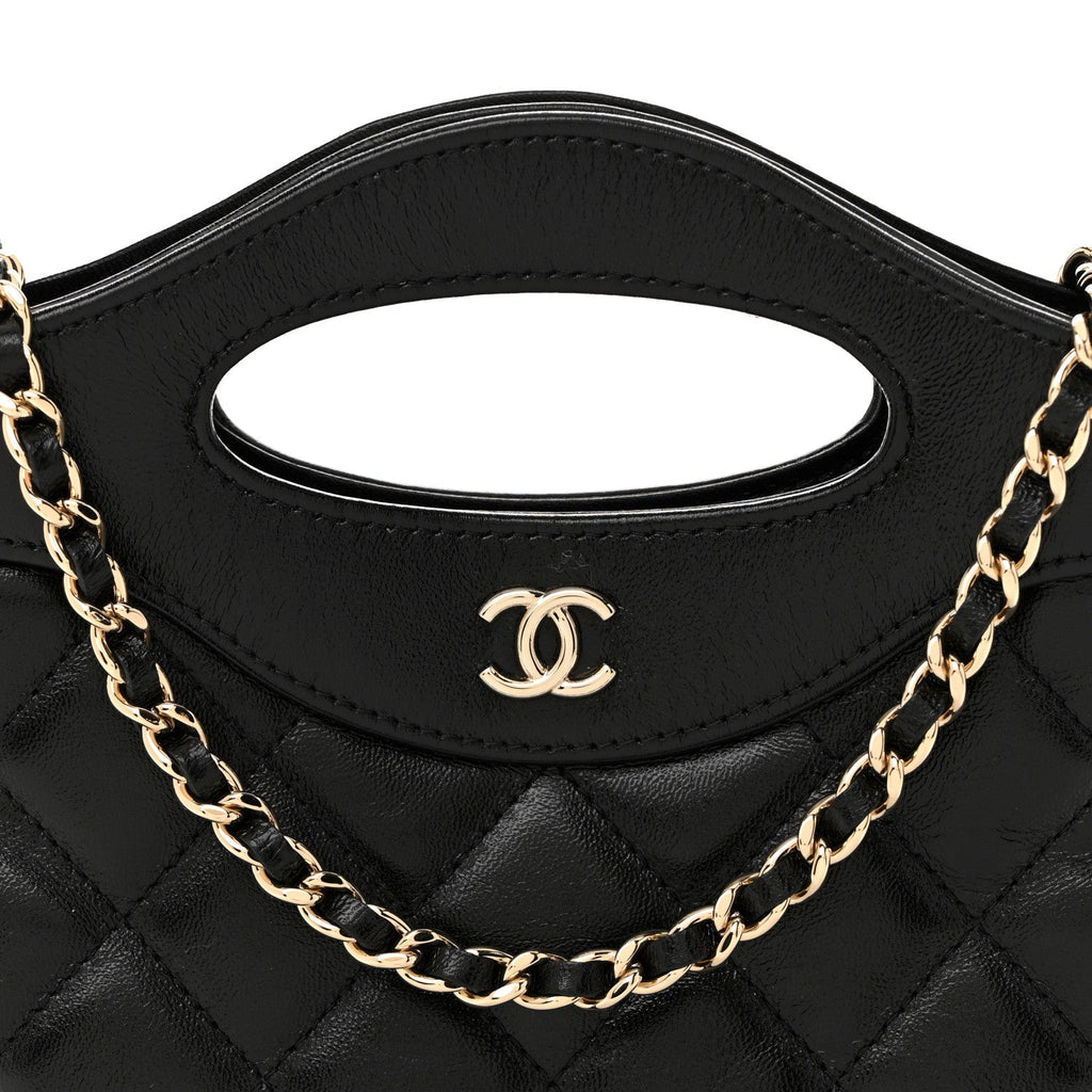 Shiny Crumpled Calfskin Quilted Nano 31 Shopping Bag Black