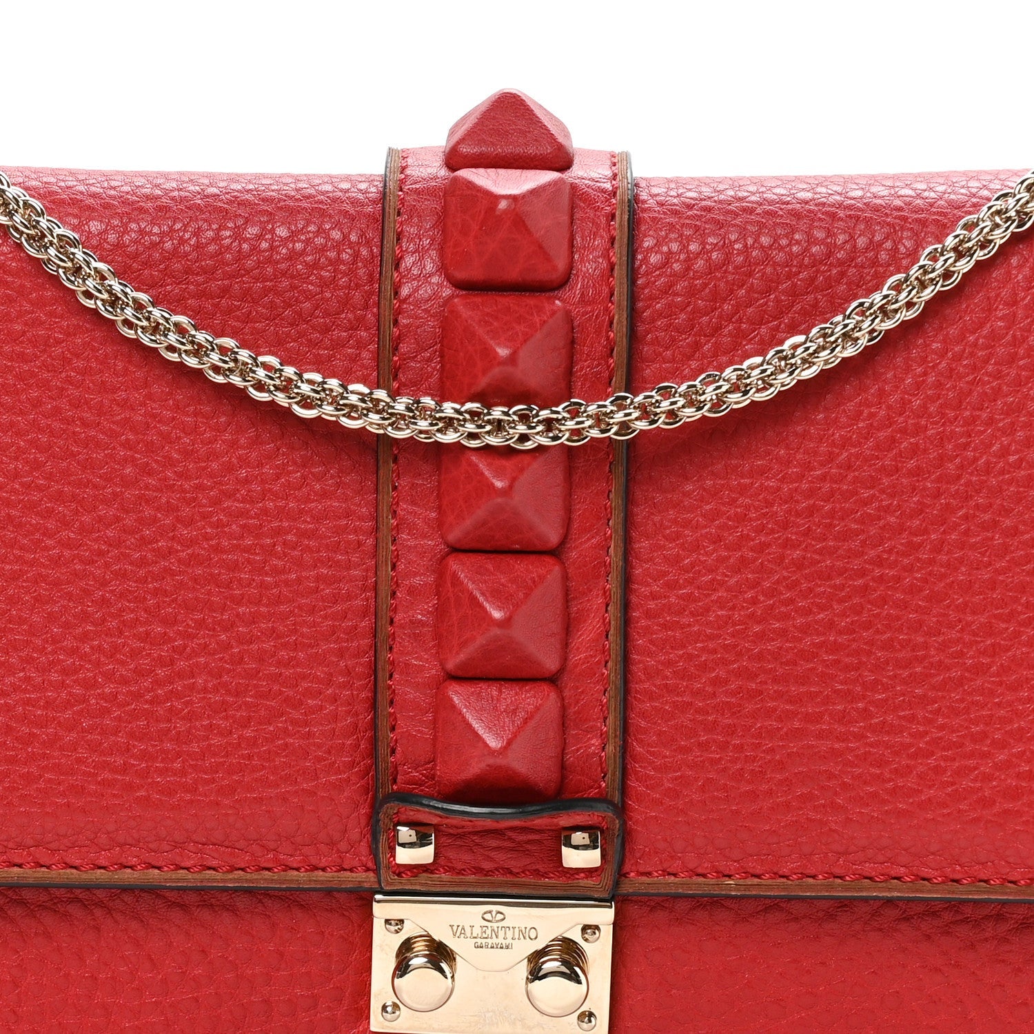 Pebbled Calfskin Monochrome Medium Glam Lock Rockstud Flap Rosso Valentino