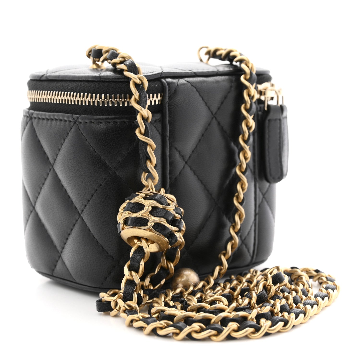Lambskin Quilted Mini Pearl Crush Vanity Case With Chain Black