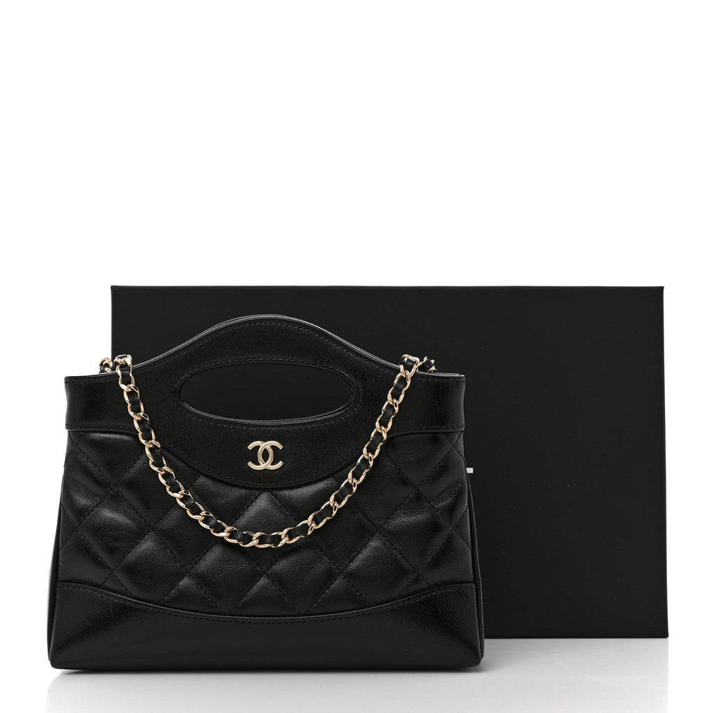 Shiny Crumpled Calfskin Quilted Nano 31 Shopping Bag Black