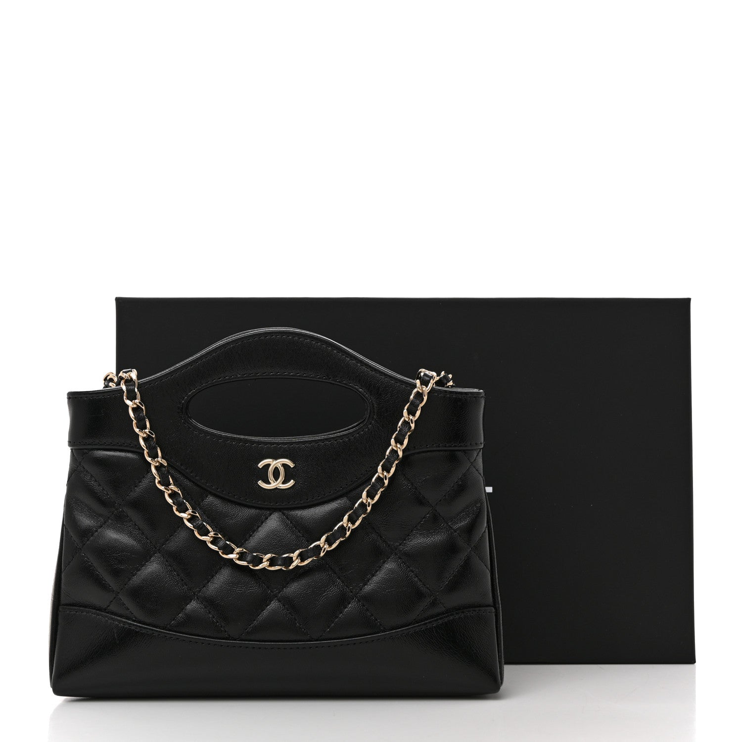 Shiny Crumpled Calfskin Quilted Nano 31 Shopping Bag Black