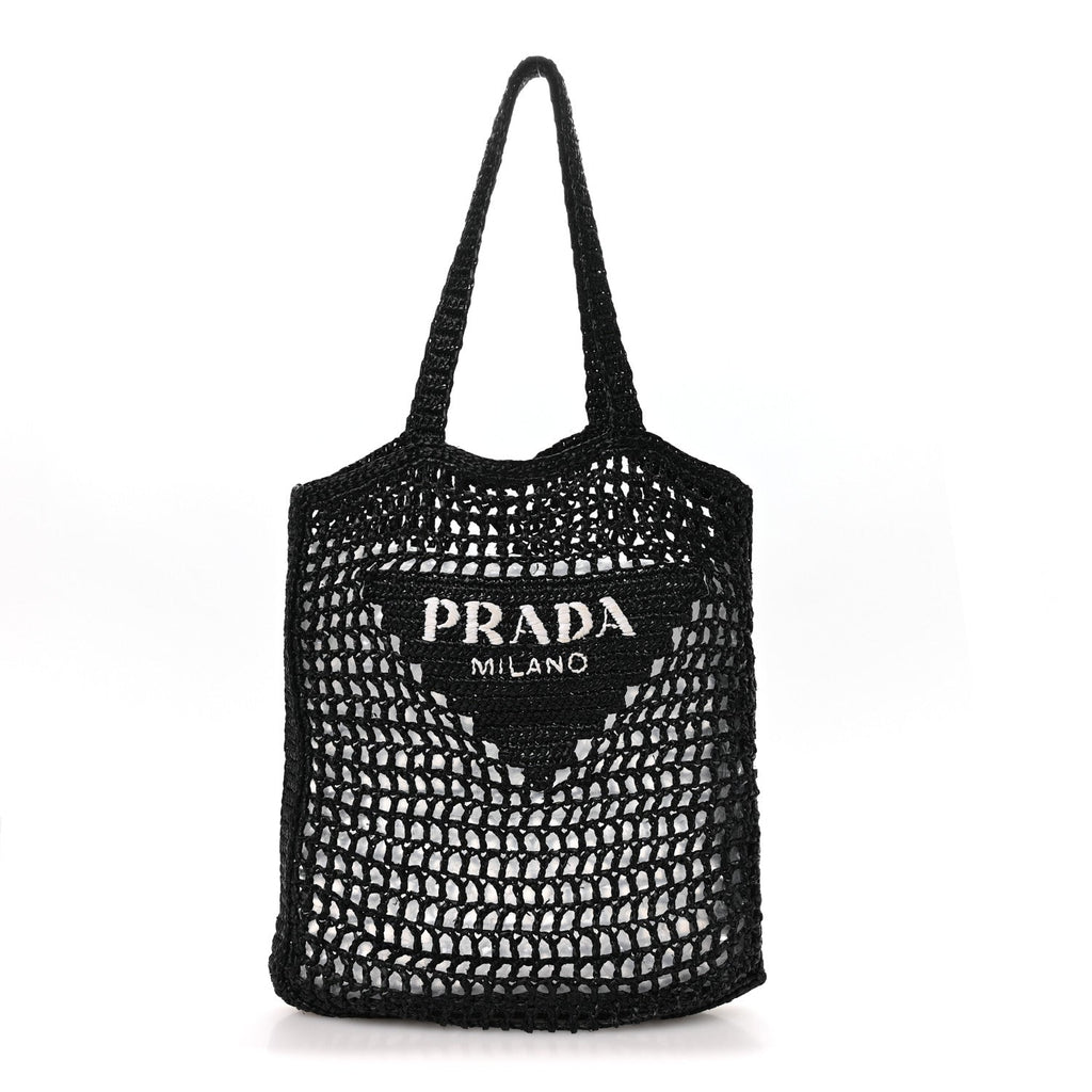 Yarn Raffia Effect Crochet Logo Embroidered Tote Bag Black