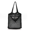 Yarn Raffia Effect Crochet Logo Embroidered Tote Bag Black