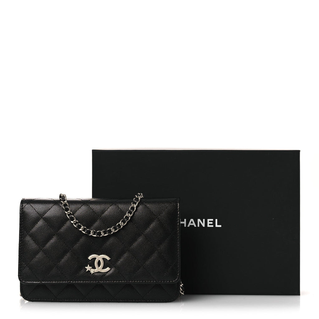 Caviar Quilted Crystal Star Wallet On Chain Black