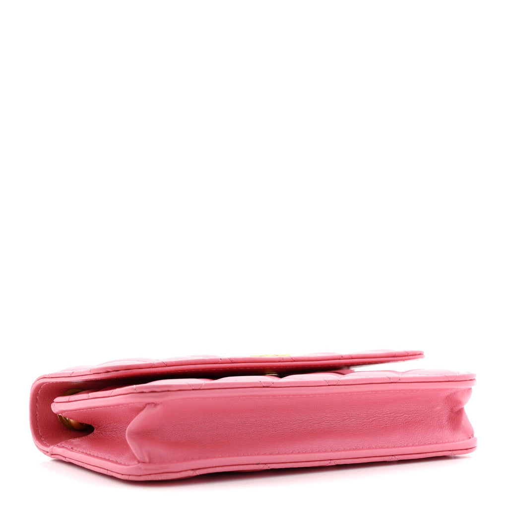 Lambskin Quilted Pillow Crush Flap Phone Holder With Chain Pink