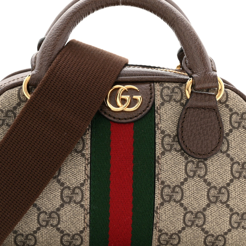 GG Supreme Monogram Textured Dollar Calfskin Web Mini Ophidia Top Handle Bowler Bag Beige Ebony New Acero