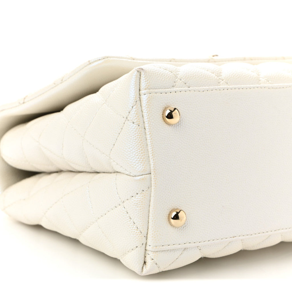 Iridescent Caviar Quilted Small Coco Handle Flap White