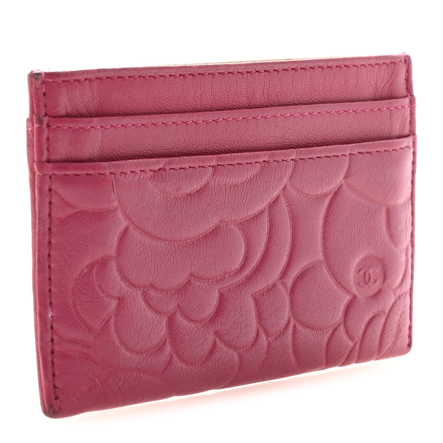 Lambskin Camellia Embossed  Holder Fuchsia