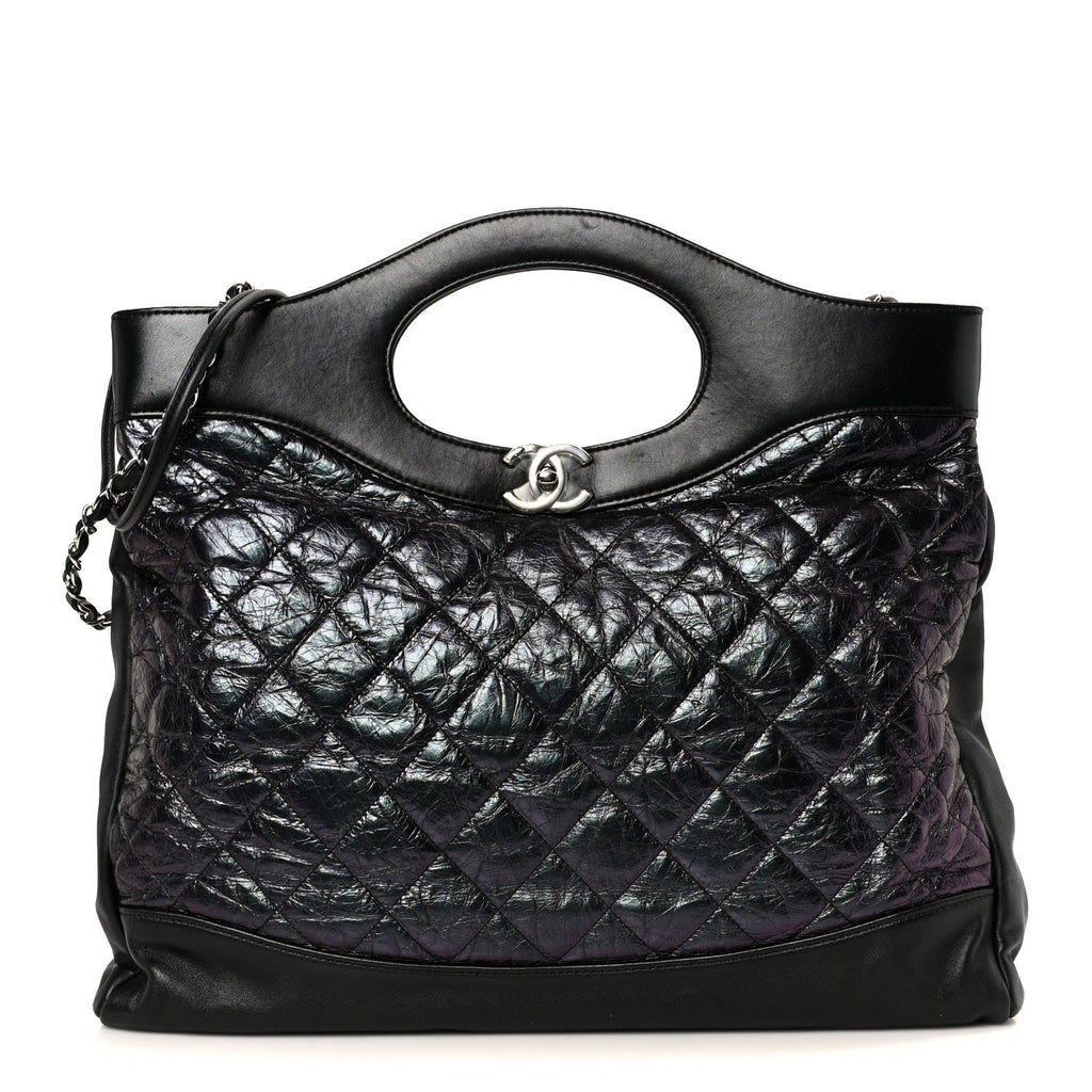Crumpled Calfskin Quilted 31 Large Shopping Bag Black