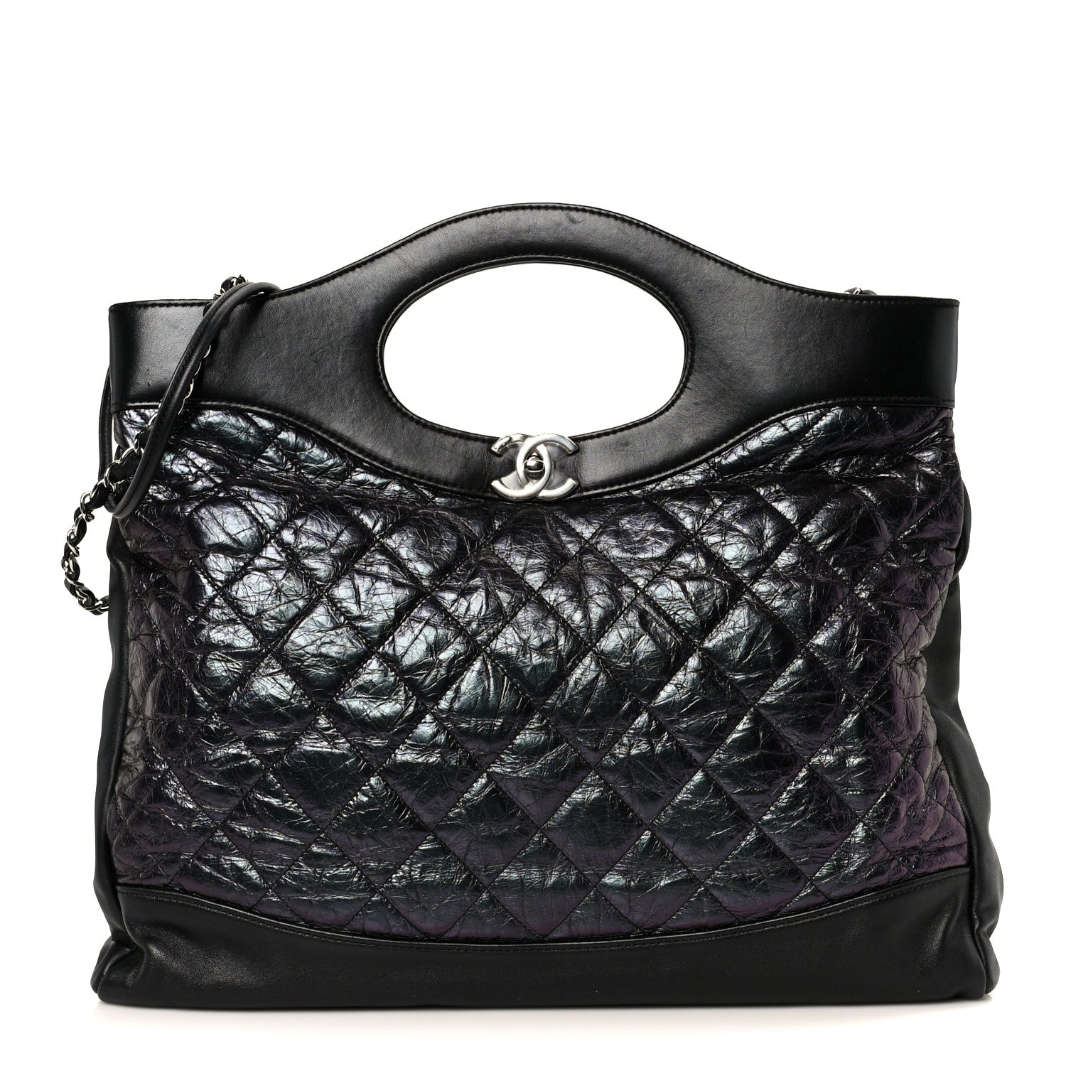 Crumpled Calfskin Quilted 31 Large Shopping Bag Black