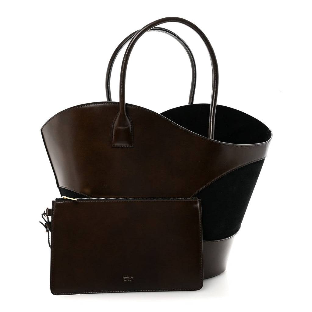 Calfskin Suede Cut Out Large Tote Brown Black