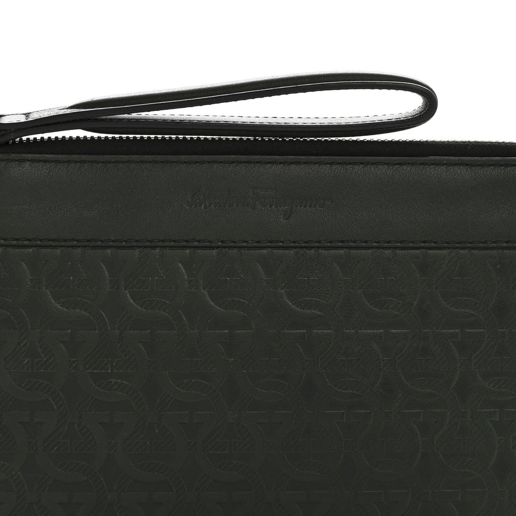 Calfskin Gancini Embossed Wristlet Clutch Dark Green
