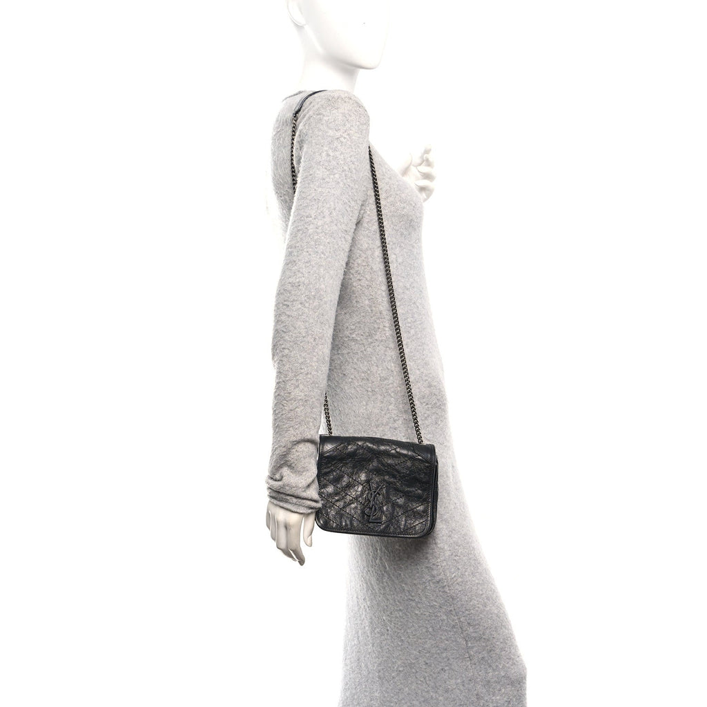 Crinkled Calfskin Matelasse Monogram Niki Chain Wallet Black