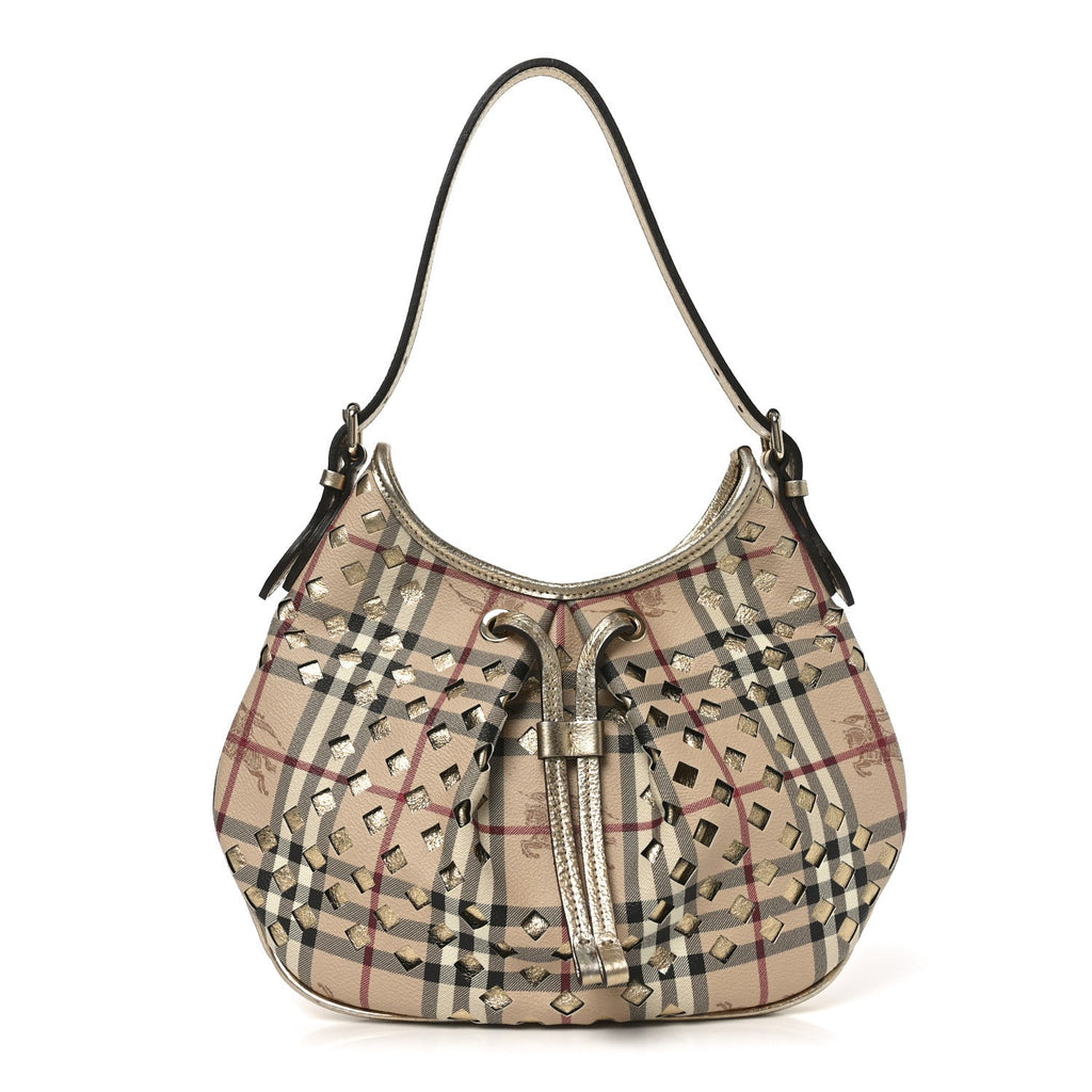 Haymarket Check Calfskin Claudia Drawstring Hobo Gold