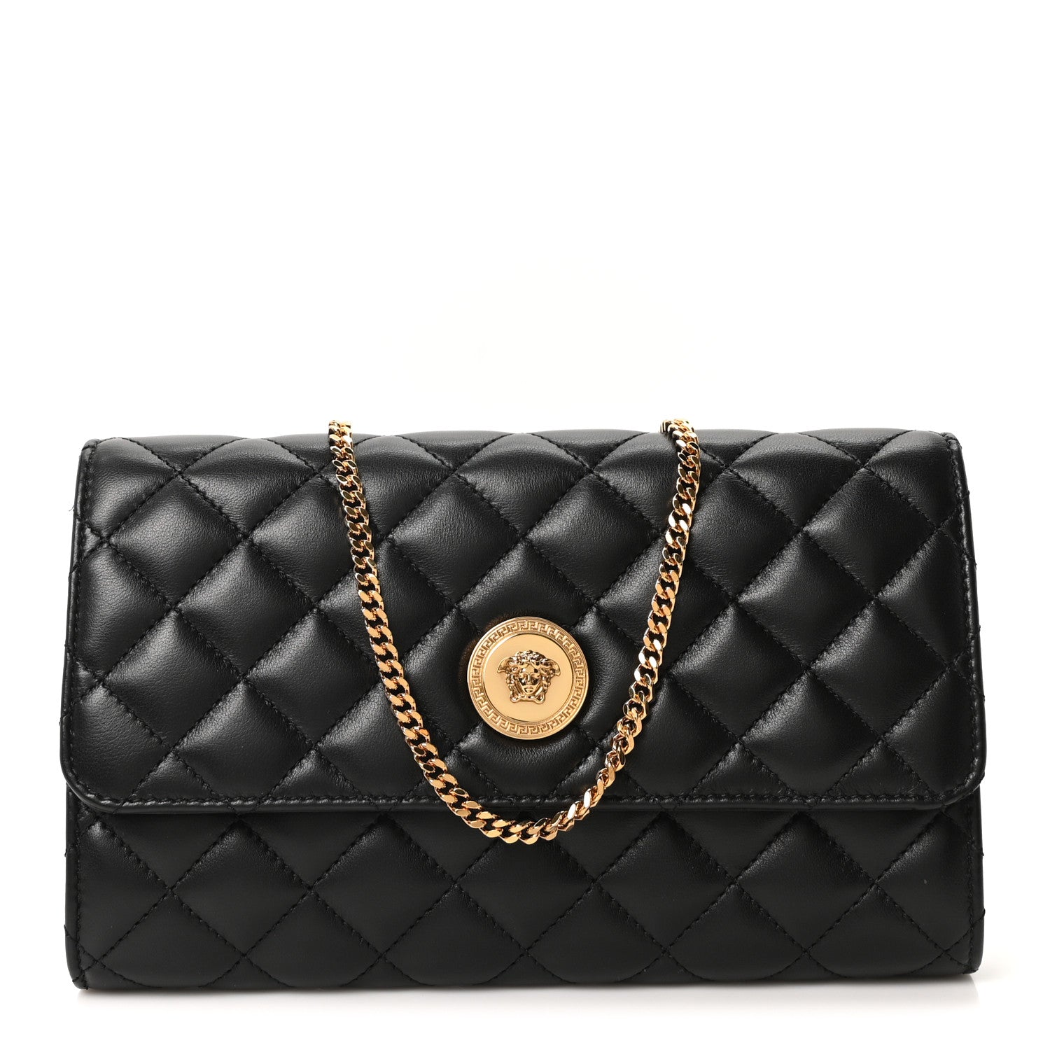 Lambskin Quilted Medusa Wallet On Chain Crossbody Black