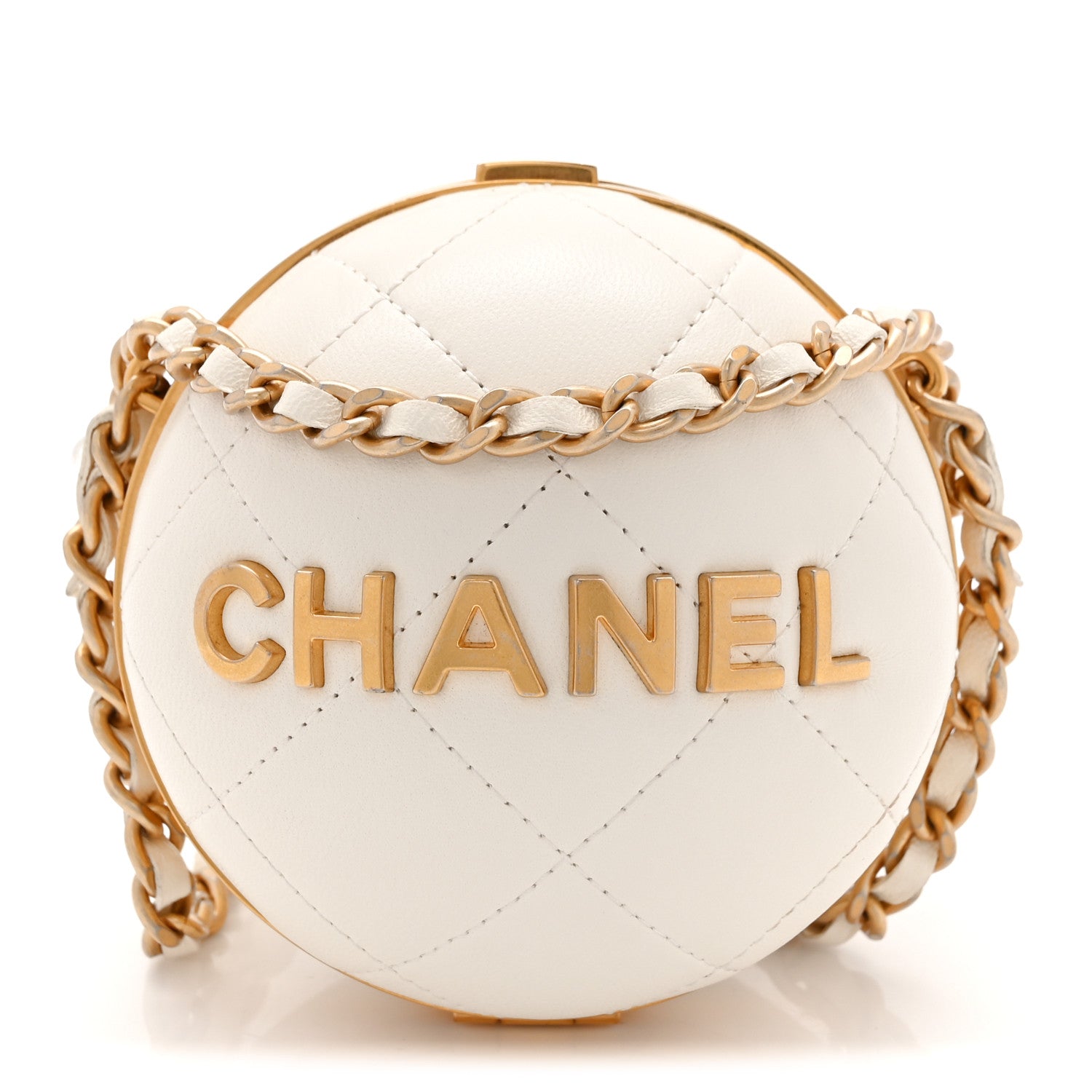 Lambskin Quilted Sphere Minaudiere Chain Clutch White
