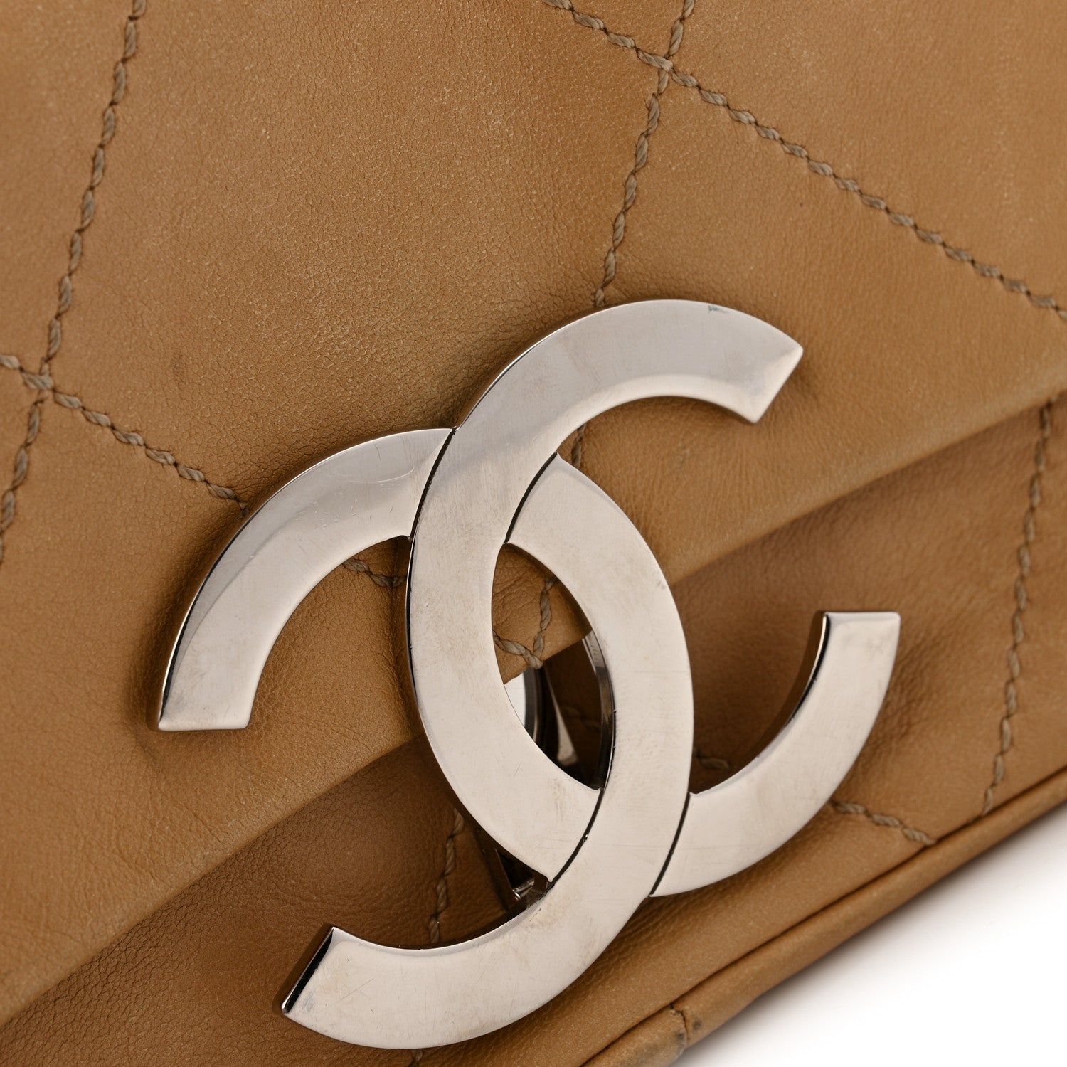 Lambskin Diamond Stitched CC CC East West Flap Beige
