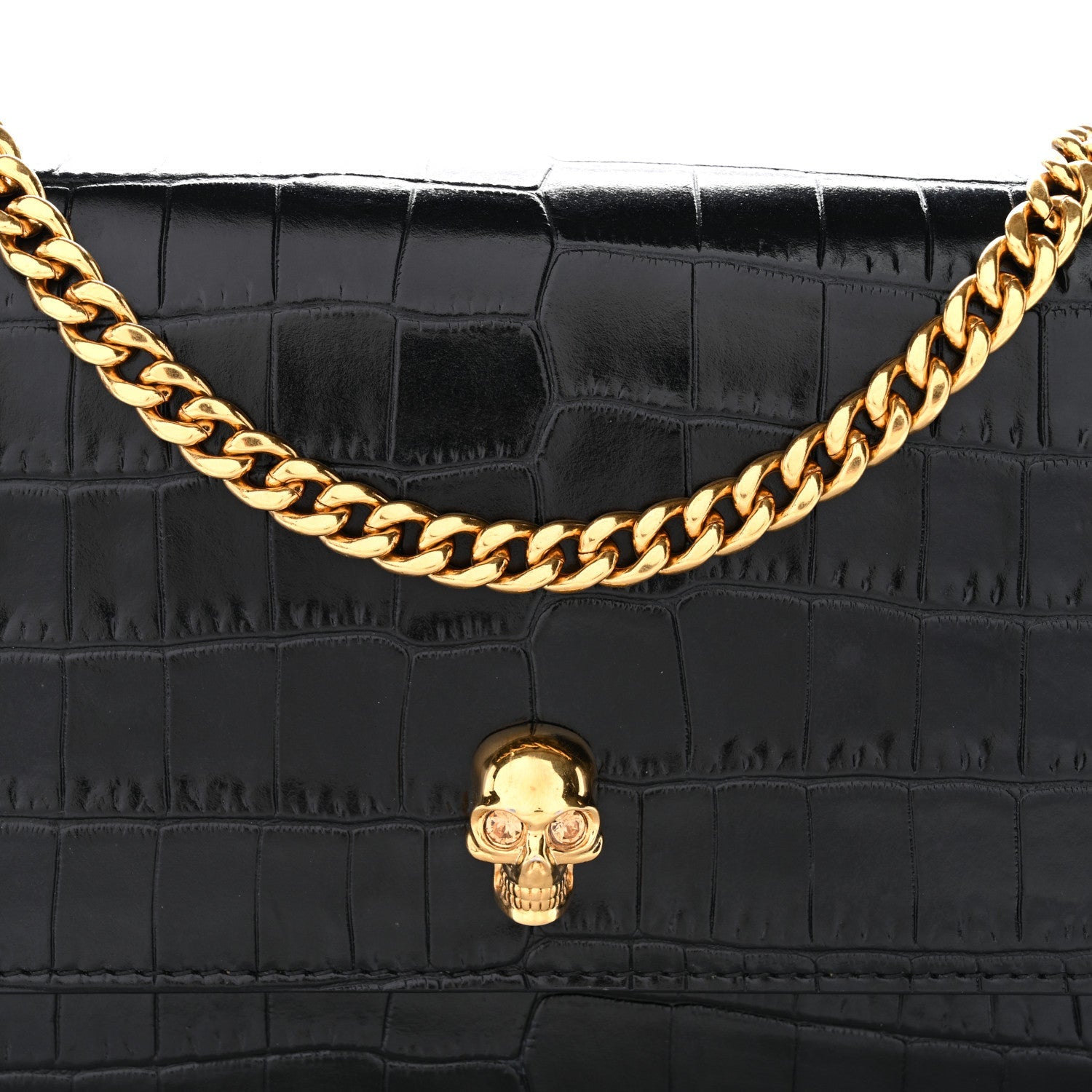 Calfskin Crocodile Embossed Skull Mini Crossbody Bag Black