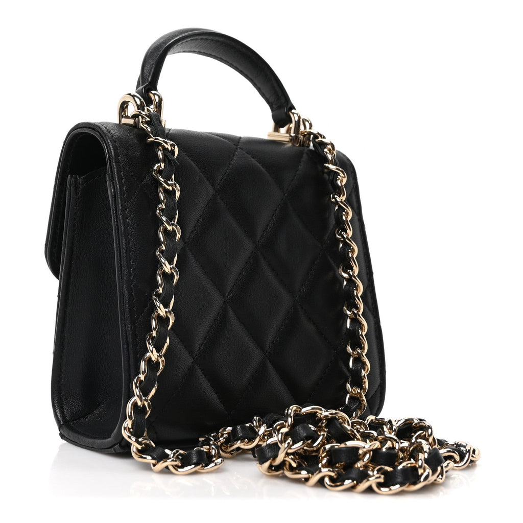 Lambskin Quilted Top Handle Flap Clutch With Chain Black