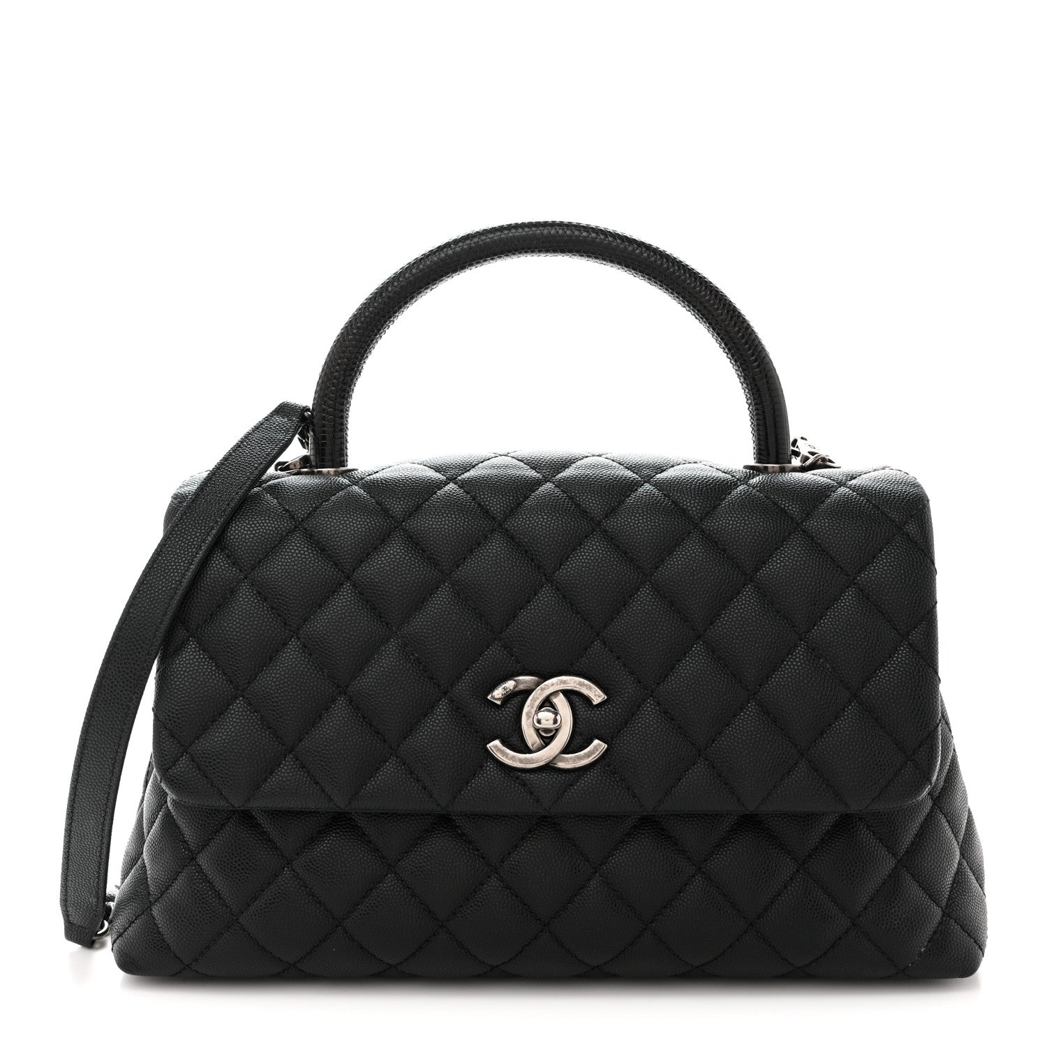 Caviar Lizard Embossed Quilted Small Coco Handle Flap Black